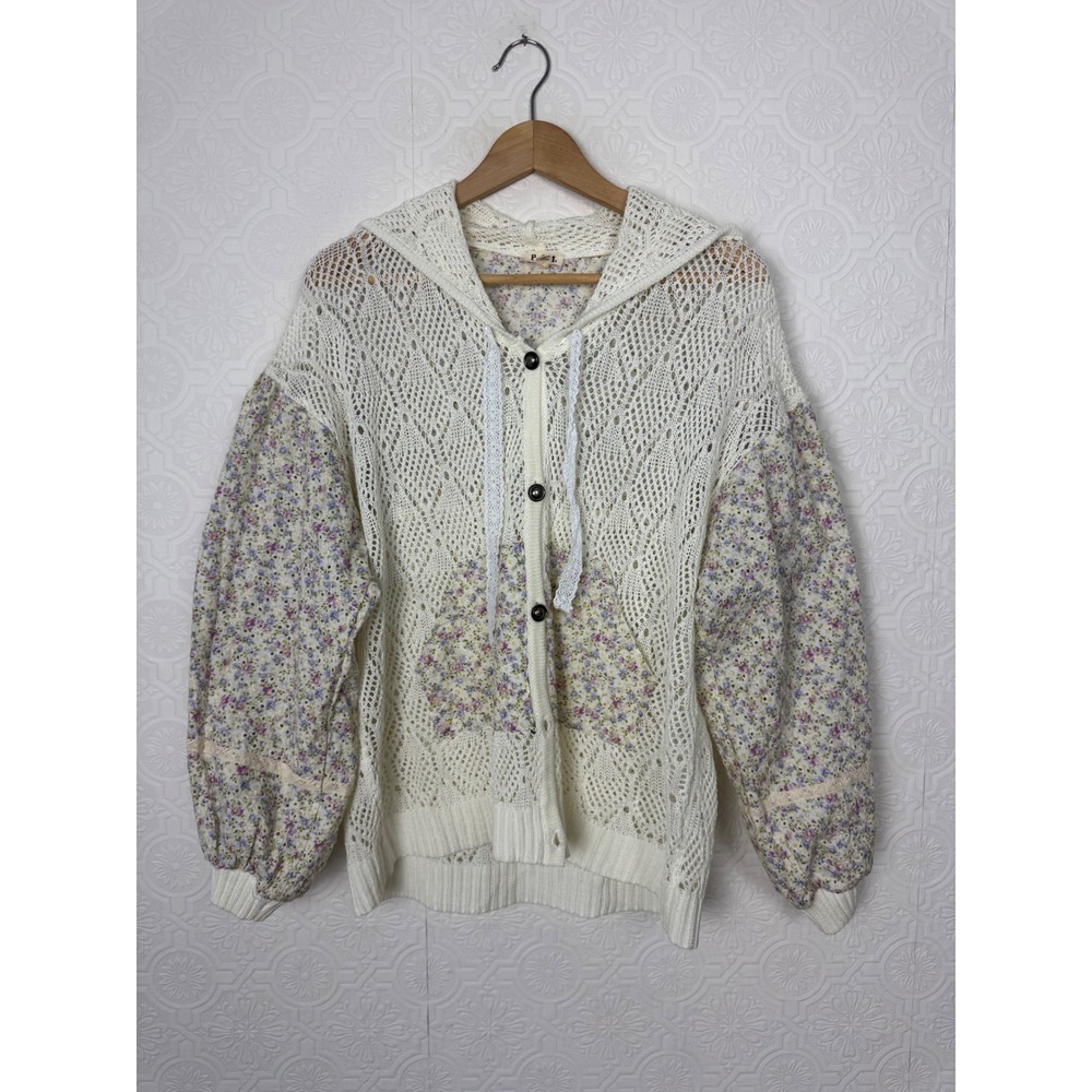 POL Oversized Crochet Knit Cardigan Floral Balloon Sleeve Hooded Sweater UST132